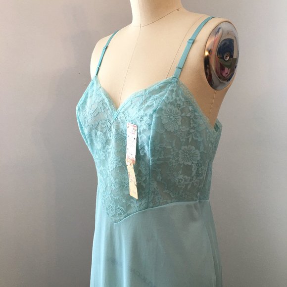 Vintage 50s Robin's Egg Blue Lace Full Slip, NWT, 34" Bust, Slip Dress - Picture 9 of 16